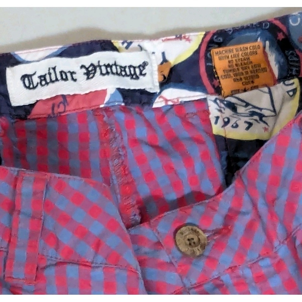 Tailor Vintage Shorts Mens sz 32 Red Blue Gingham Check Chino Beach Preppy - Picture 4 of 16